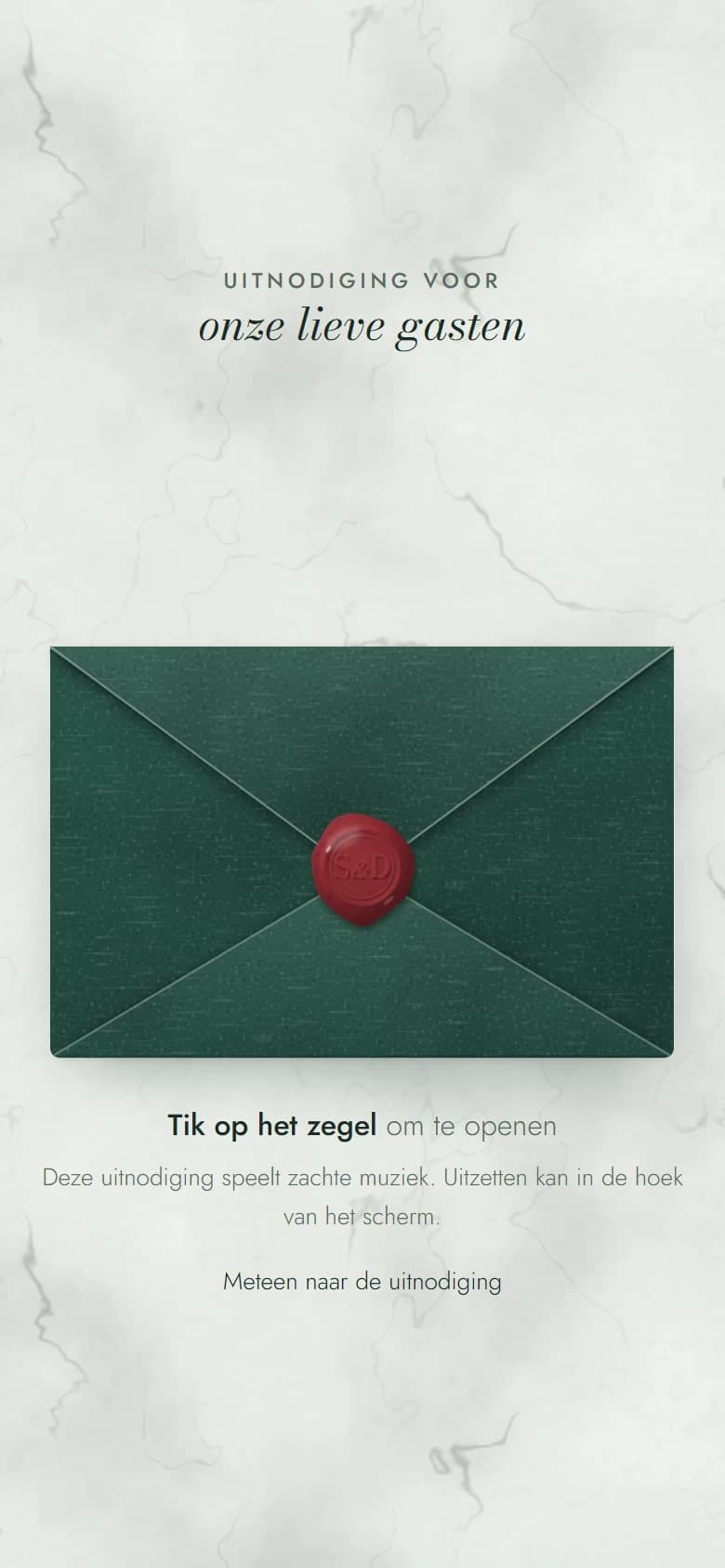 Telefoonscherm met een uitnodiging van Invitina: een envelop met het zegel S&D en de tekst “Tik op het zegel om te openen”